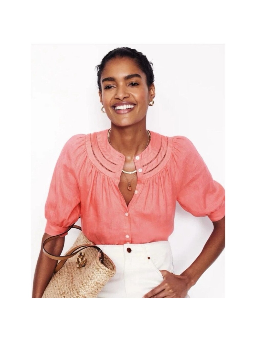 Boden Bea Linen Blouse T1786 Pink 3/4 Puff Sleeve Tunic Blouse Top US 10 UK 14